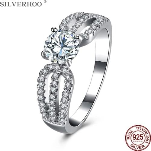 SILVERHOO 925 Sterling Silver Hollow Claw Finger Rings For Women Shiny Large Cubic Zirconia Wedding Ring Elegant Bride Jewelry