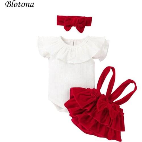 Blotona Cute Newborn Three Piece Set, Infant Ribbed Flying Sleeve Ruffled Romper Velvet Suspender Skirt Hair Band for Baby 0-24M