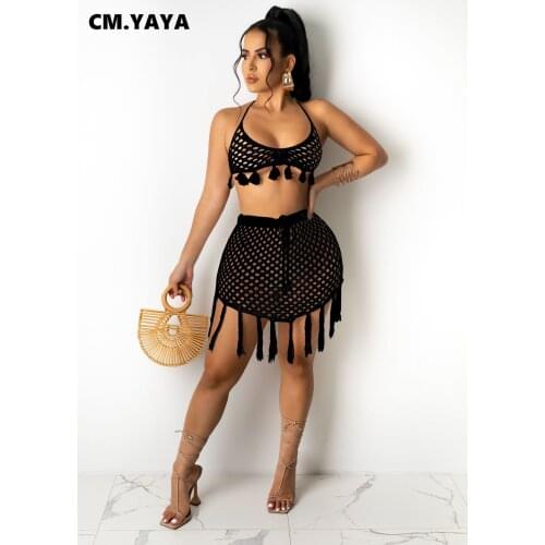 CM.YAYA Women Bikinis Set Solid Halter Backless Tassle Tops Drawstring Waist Sheath Elastic Mini Skirts 2 Piece Set Sexy Beach