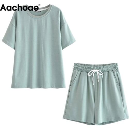 Aachoae Summer Loose Casual 2 Piece Set Women O Neck Short Sleeve T-shirt Drawstring Elastic Waist Shorts Sport Wear Tracksuits