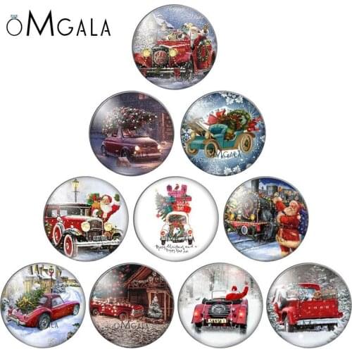 Red Christmas Car and Santa Claus 10mm/12mm/14mm/16mm/18mm/20mm/25mm Round photo glass cabochon demo flat back Making findings