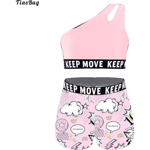 TiaoBug Summer 2Pcs Kids Girls Swimsuit Slant Shoulder Crop Sport Vest And Short Set Sportswear Swimwear Bathing Pool Beach Suit