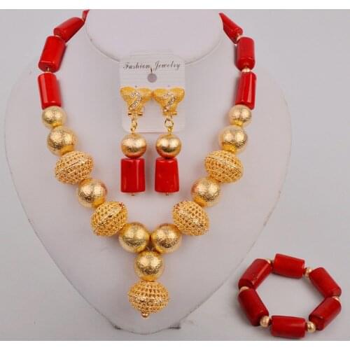 Nigeria Coral Beads African Wedding Jewelry Sets for Women Red Coral Necklace Earrings Bracelet Set Jewelry