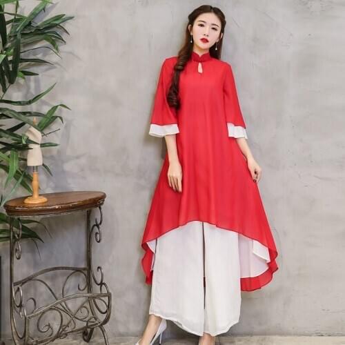 New National Style Embroidery Tang Suit Wide-Leg Pants Set Retro Long Cheongsam Tops Trousers Women 2 Piece Set Plus Size 11902