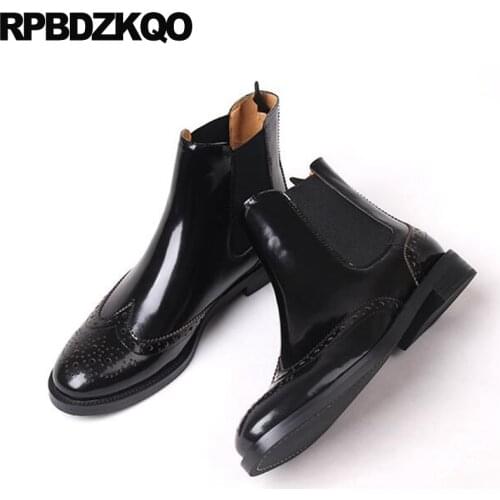Autumn Trend Shoes Chunky Flat Chelsea Women Ankle Boots 2021 Round Toe Patent Leather Black Brogue British Slip On Fashion