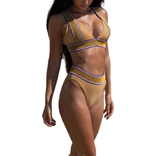 Sexy Womens Two Piece Split Bikini Push Up Padded Beachwear Contrast Color Stitching Vest and High Waist Trunks Biquini
