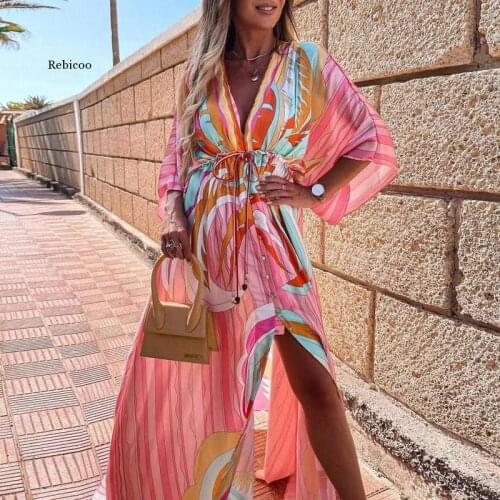 Elegant Deep V Neck Printing Hem Maxi Dresses Women Casual Button Elastic Waist Long Party Dress Summer Loose Slit Beach Dress