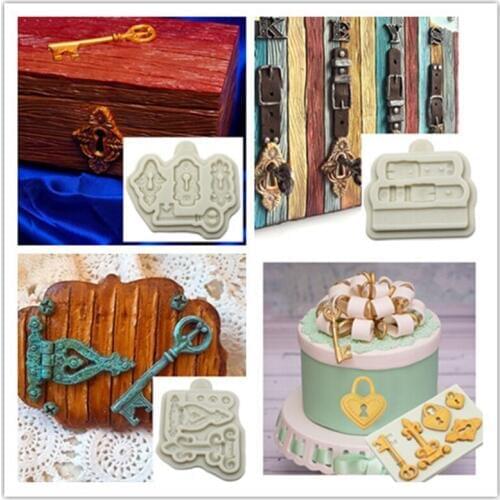 DIY Retro Key Silicone Mould Love Heart Lock Leather Buckle Cake Decorating Tool Fondant Mold Sugarcraft Cake Baking Mold