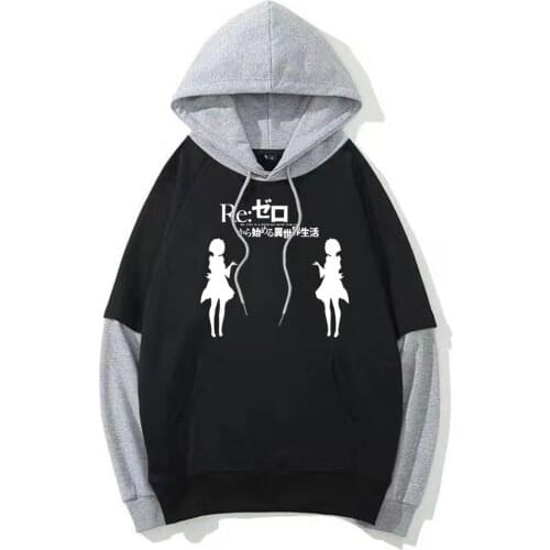 2021 Japanese Print Re:Zero -Starting Life in Another World Loog Sleeve Fake Two Pieces Hoodie Sweatshirt Men Women Unisex Top
