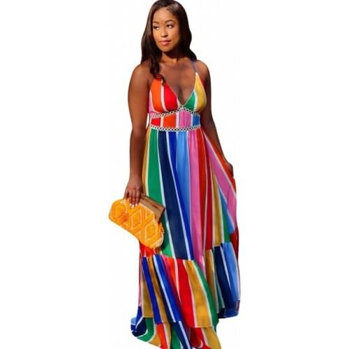Striped African Maxi Dress Women Spaghetti Strap High Waist Ruffle Patchwork Robe Fashion New Elegant African Beach Dresses 2021