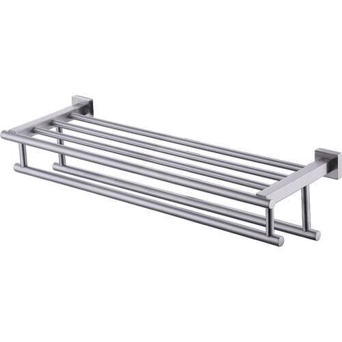Brushed Finish Bathroom Bath Towel Rack with Double Towel Bar 24-Inch Wall Mount Shelf Rustproof Stainless Steel