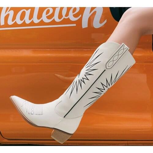 Handmade Genuine Leather Western Long Boots Pointed Toe Chunky Heel Retro Cowboy Slip On Embroidery Winter Autumn Women Boots