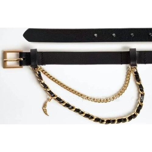 High quality women Black Gold Silver Thin Belt with Chains Fashion Leather Belts for Pants Dress