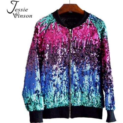 Jessie Vinson Gradient Color Sequins Zipper Jacket Coat Casual Bomber Jacket Autumn Winter Casual Outerwear Basic Jacket Women