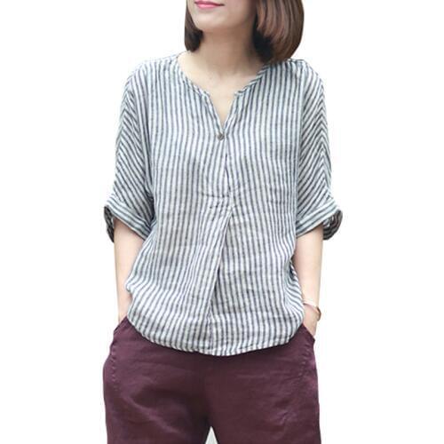 Summer Women Stripe Bat Sleeve Shirts Female Casual Cotton Linen Loose V Neck Pullover Short Half Sleeve Vintage Blouse Tops