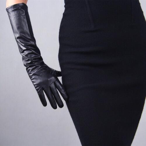 Female Leather Sheepskin Wool Color Matching Gloves 44cm Long WomenS Black Gloves Straight Canister Stitching TB54