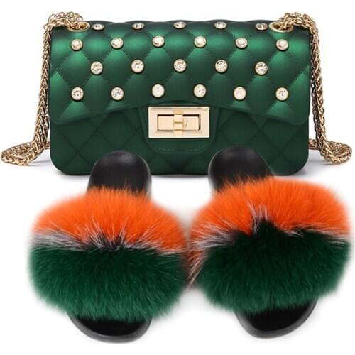 Women Summer Cute Fox Fur Slides Cute Fluffy Slippers Jelly Bag Fox Fur Slippers Fashion Ladies Rhinestone Bags Real Fur Slides