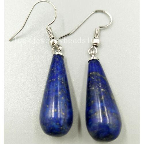 Free Shipping Women Fashion Jewelry 10x29mm Natural Lapis Lazuli Water Drop Women Bead Dangle Earrings Pair C5111