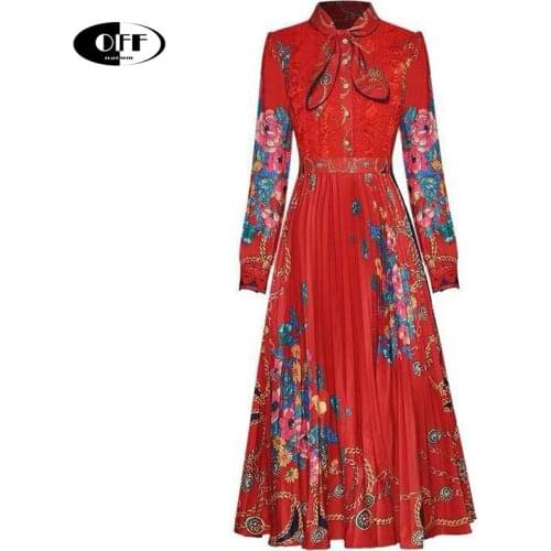 Designer Runway Autumn Summer Lady Midi Long Dresses For Women Traf Basic Elegant Floral Red Black Pleated Dress Vestidos robe