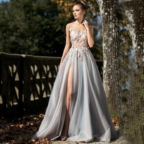 Scoop 3D Flowers Appliques Lace Split See Through Top Tulle A-Line Wedding Dress 2021 Bridal Gown Vestido De Novia WD271