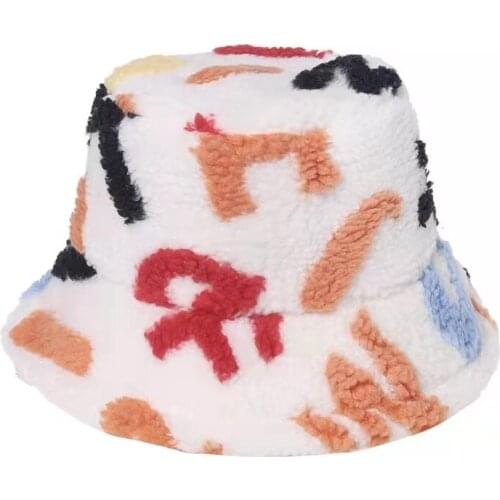 Winter Vintage Letter Print Faux Fur Plush Bucket Hats For Women Outdoor Warm Hat Soft Velvet Fisherman Caps Lady Fashion Panama