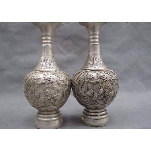 10 Chinese Royal white bronze silver lucky Dragon phenix play bead Pot vase pair