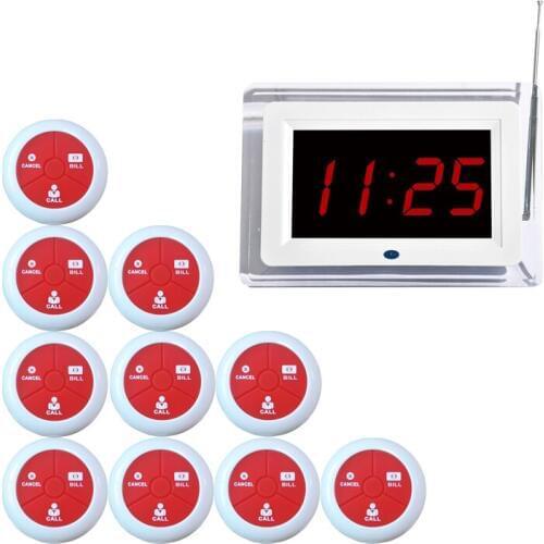 Wireless Coaster Restaurant Pager System Call Paging with 1 Host Display + 10 Table Bell Pager