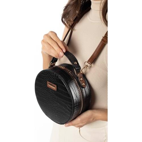 Black Kroko Women Round Shoulder Bag