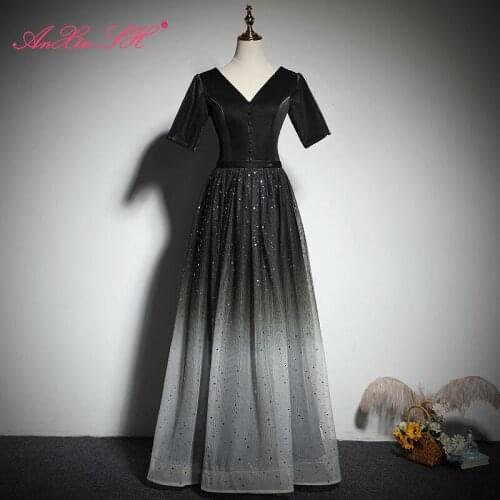 AnXin SH princess black satin evening Dress vintage party bride silvery lace v neck button short sleeve a line evening dress