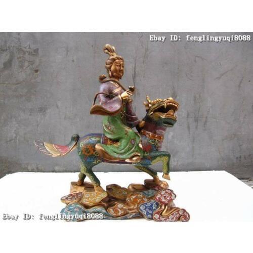 Chinese Royal 100% Pure Bronze Copper cloisonne Fairy Ride on kylin Kirin Statue