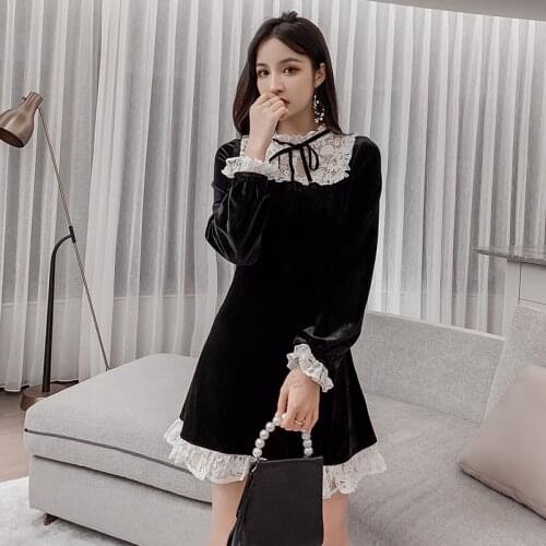 COIGARSAM Patchwork Women Mini dress Lace High Waist Dresses Black 6616