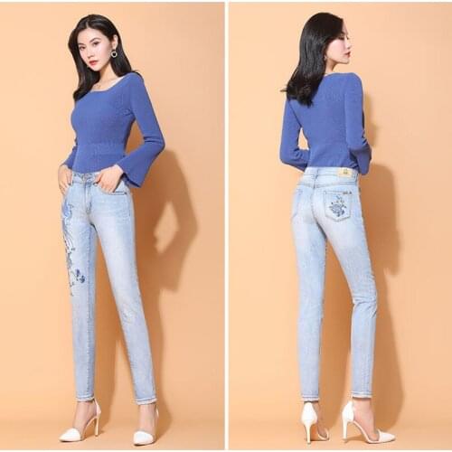 Spring Autumn Womens High Waist Jeans 2021 New Handmade Pencil Pants Fashion Skinny Harajuku Blue Ninth Denim Trousers