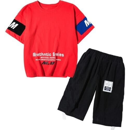 Children Clothes for Boy Summer Letter Print T-Shirt and Shorts Two-piece Set Black Red White Blue 4-14 Years Kids Sport Suits