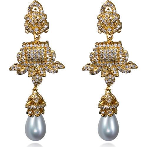 Women fashion Earring gold color with white Cubic zirconia & imitation pearl drop Earrings wedding jewelry Free shipment