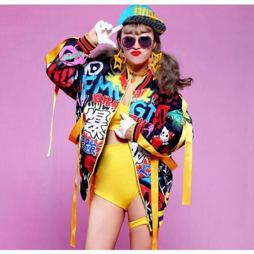 Jazz Dance Costumes Men Hip Hop Personality Doodle Coat Nightclub Singer Dj Jacket Lady Street Dancing Clothes Stage Wear DT1052