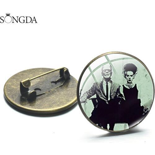 Classic Horror Movie Frankenstein Brooch Handmade Glass Photo Cabochon Metal Pins Frankenstein and His Bride Gothic Badge