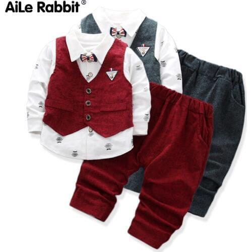 Boy Clothes Suit Vest Shirt Pants 3 Piece Set Gentlemans Clothes Suit Red Boy Baby Clothes Set Long-sleeved Autumn New Arrival
