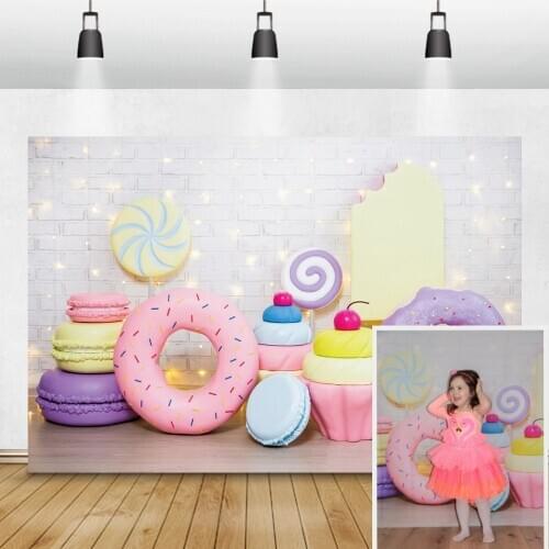 Laeacco Birthday Photo Backdrops Brick Wall Lights Donut Cake Candy Children Newborn Baby Shower Photography Backgrounds Studio