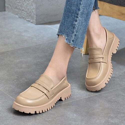 Top Layer Cowhide Loafers Round Toe Platform Platform Shoes Genuine Leather Womens Shoes Spring 2021 New Low-top Casual Shoes