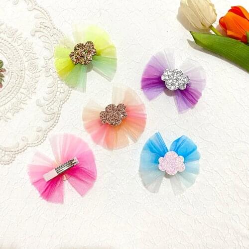 Miss Cute Rainbow Gauze Bow Hair Clip Cute Princess Hairpin Glitter Felt Star Shinning Cloud Shape Layers Multicolor wholesale