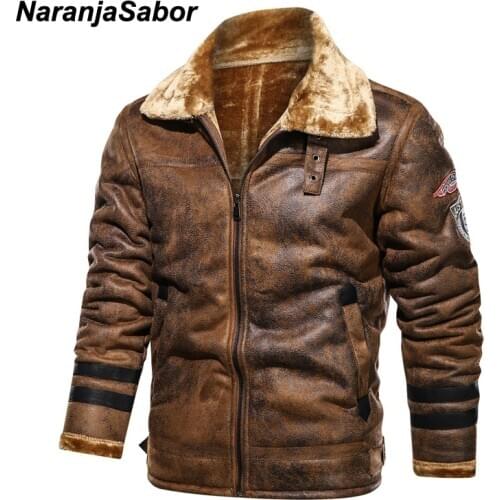 NaranjaSabor New Mens Fleece Thick Leather Jacket 2020 Winter Warm Aviation Bomber Flight Faux Leather Outerwear Male Brand N726