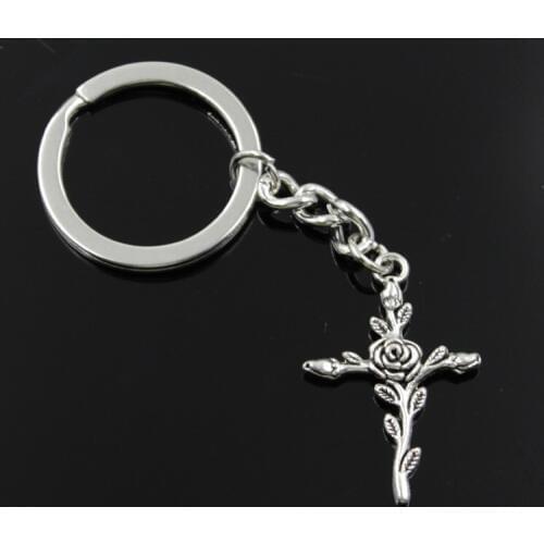New Fashion Men 30mm Keychain DIY Metal Holder Chain Vintage Cross Flower Branch 35x23mm Silver Color Pendant Car Keychain Gift