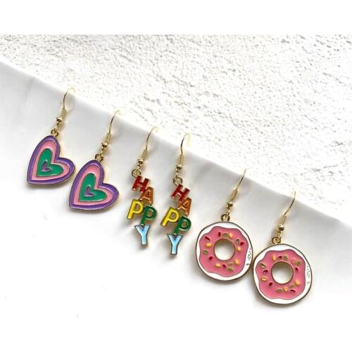 New Ins Sweet Cute Heart Earrings Simple Love Letters Happy Donut Dangle Earrings For Women Girls Fashion Jewelry Gift