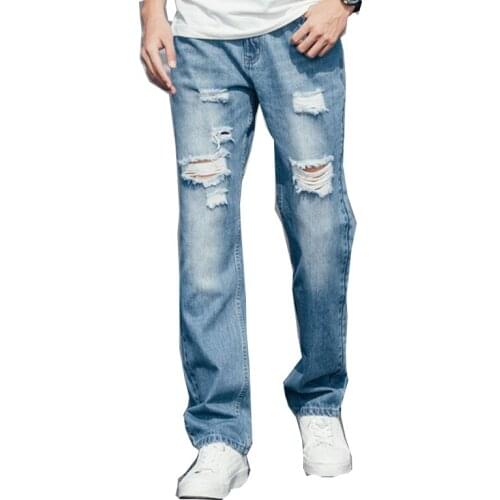 New fashion ripped mens jeans trousers summer plus size straight casual blue ragged denim trousers