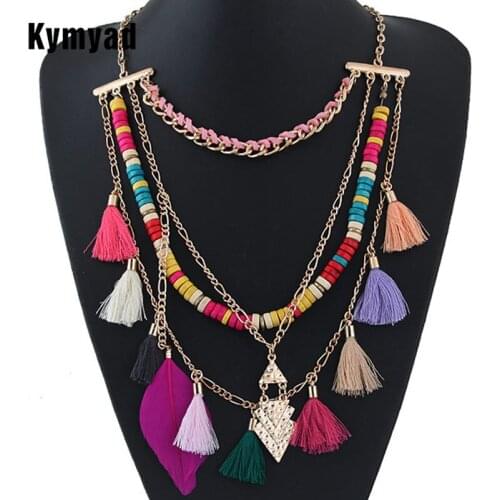 Kymyad Bohemian Gold Color Chain Choker Necklace Women Multilayer Feather Collier Femme Maxi Statement Necklaces Vintage Collar