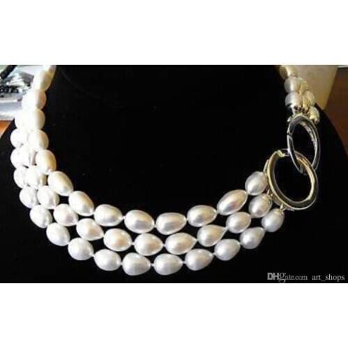 3 ROWS 8-9MM rice freshwater cultured pearl NECKLACE 17-19 INCH>>> free shipping