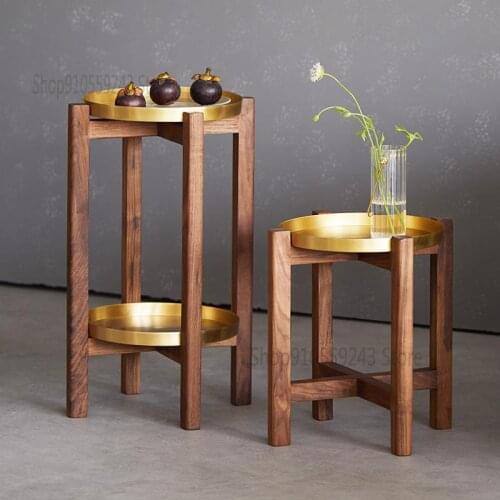 Black Walnut Flower Stand Brass Flower Table Indoor Sofa Side Table Coffee Table Shelf Balcony Solid Wood Flower Pot Stand