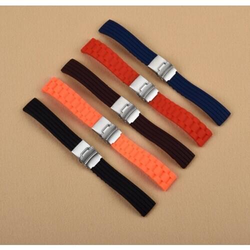 16 18 20 22 24mm Men Black Orange Brown Red Blue Strap Silicone Rubber Waterproof Watch Band Double Push Stainless Steel Clasp