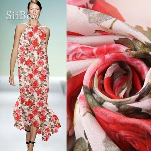 Red rose print 100% natural silk chiffon fabric apparel for dress pure silk tissu telas fabrc yarn 8mm SP5399 FREE SHIPPING