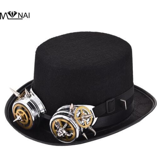 Handmade Unique Steampunk Top Hat Vintage Fedoras Hat Lolita Cosplay Rivet Goggles Spike Hat BLACK Gothic